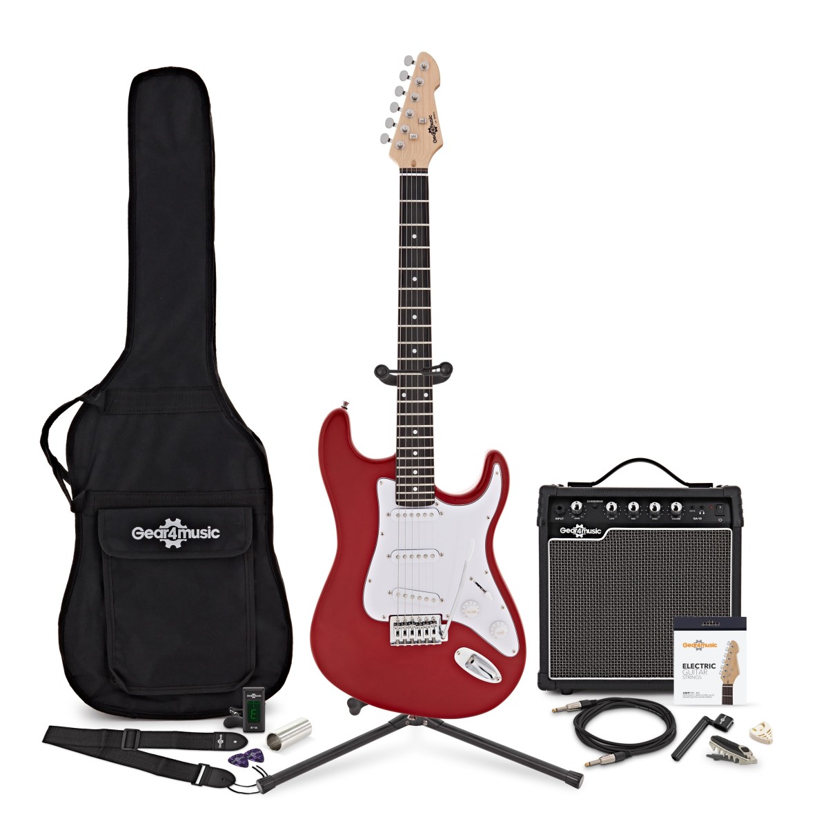LA E-Gitarre Rot im Bundle mit 15-Watt-Verstärker und Zubehör-Komplettset