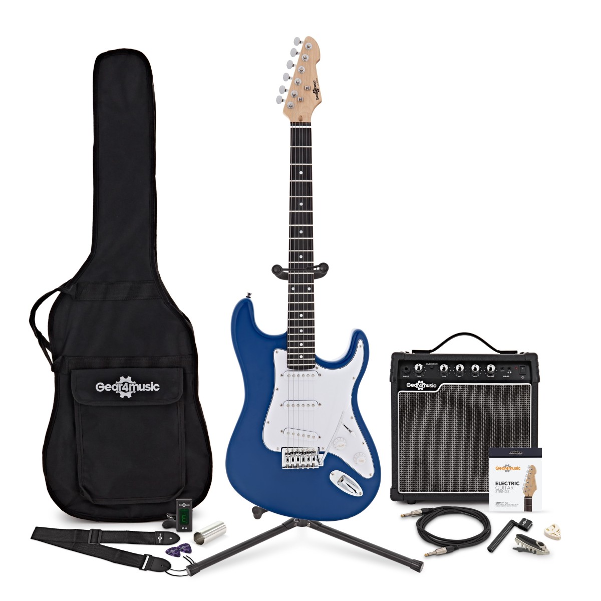 LA E-Gitarre Blau im Bundle mit 15-Watt-Verstärker und Zubehör-Komplettset