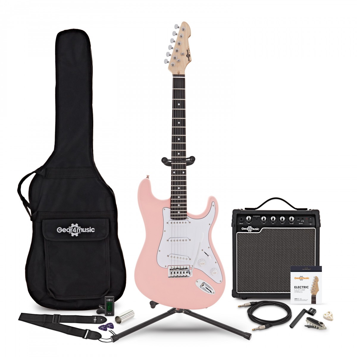 LA E-Gitarre Rosa im Bundle mit 15-Watt-Verstärker und Zubehör-Komplettset