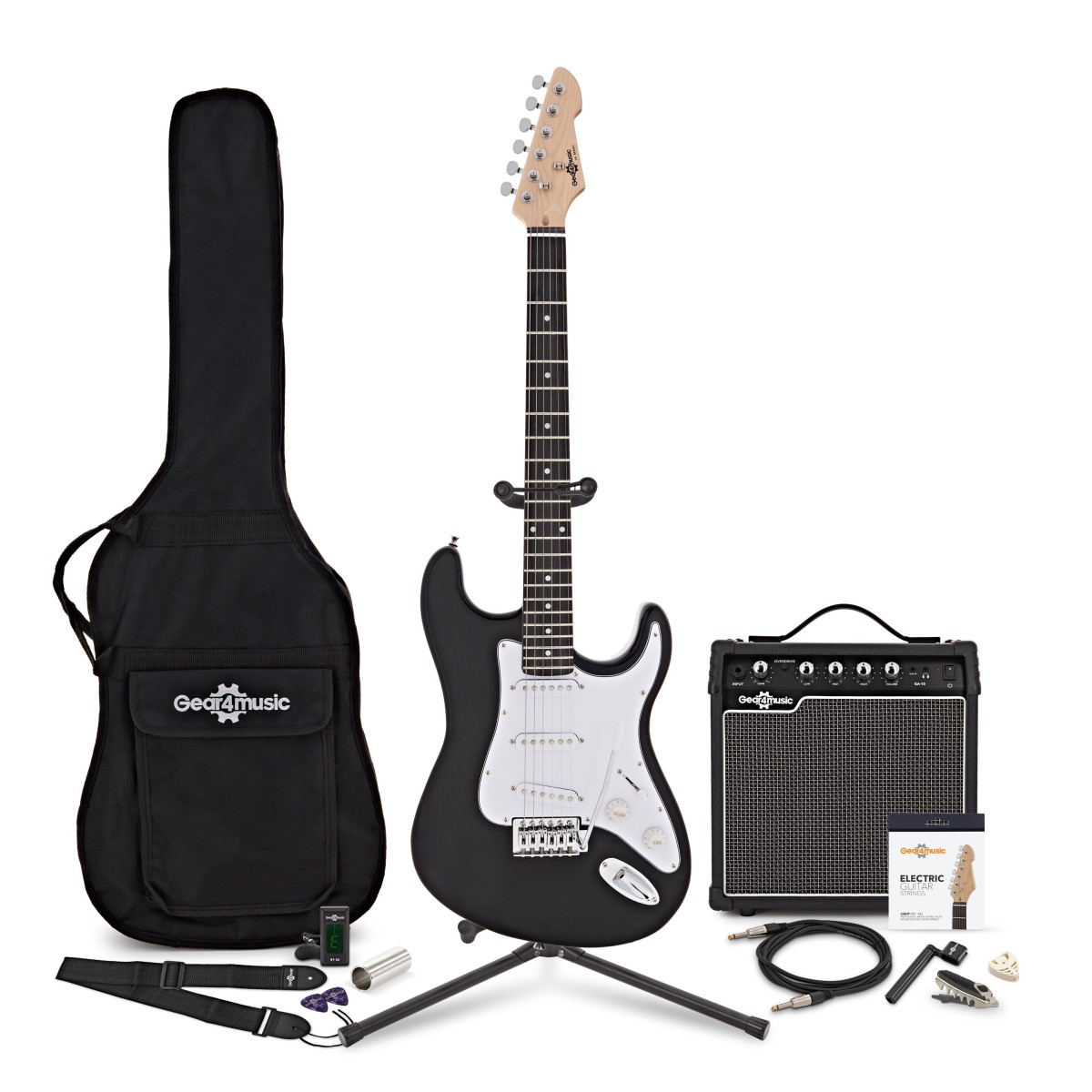 LA E-Gitarre Schwarz im Bundle mit 15-Watt-Verstärker und Zubehör-Komplettset