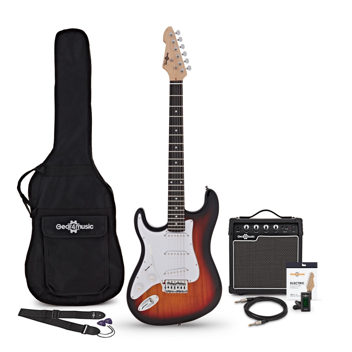LA-Linkshänder-E-Gitarre Sunburst im Bundle mit 10-Watt-Verstärker und Zubehör