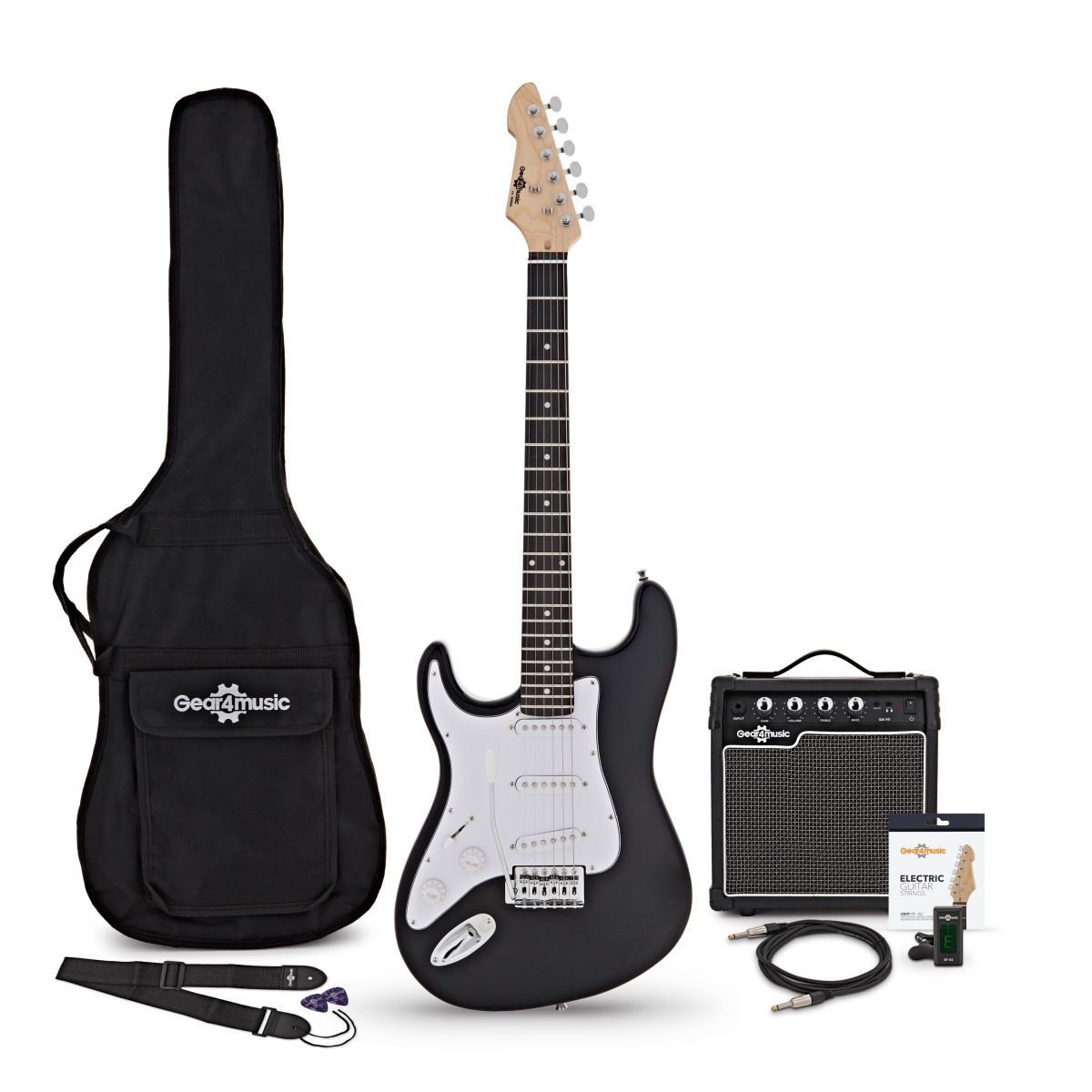 LA-Linkshänder-E-Gitarre Schwarz im Bundle mit 10-Watt-Verstärker und Zubehör