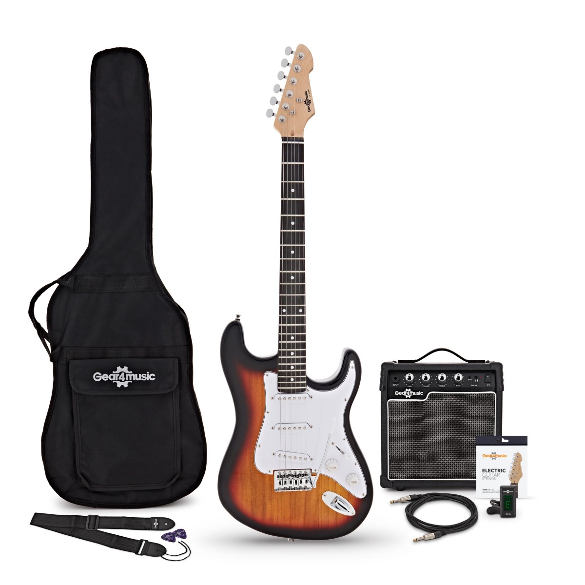 LA-E-Gitarre Sunburst im Bundle mit 10-Watt-Verstärker und Zubehör