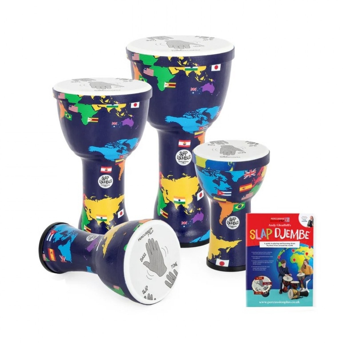 Perkussion Plus Slap Djemben Pack vorgestimmt 4er Pack gemischt Weltkarte