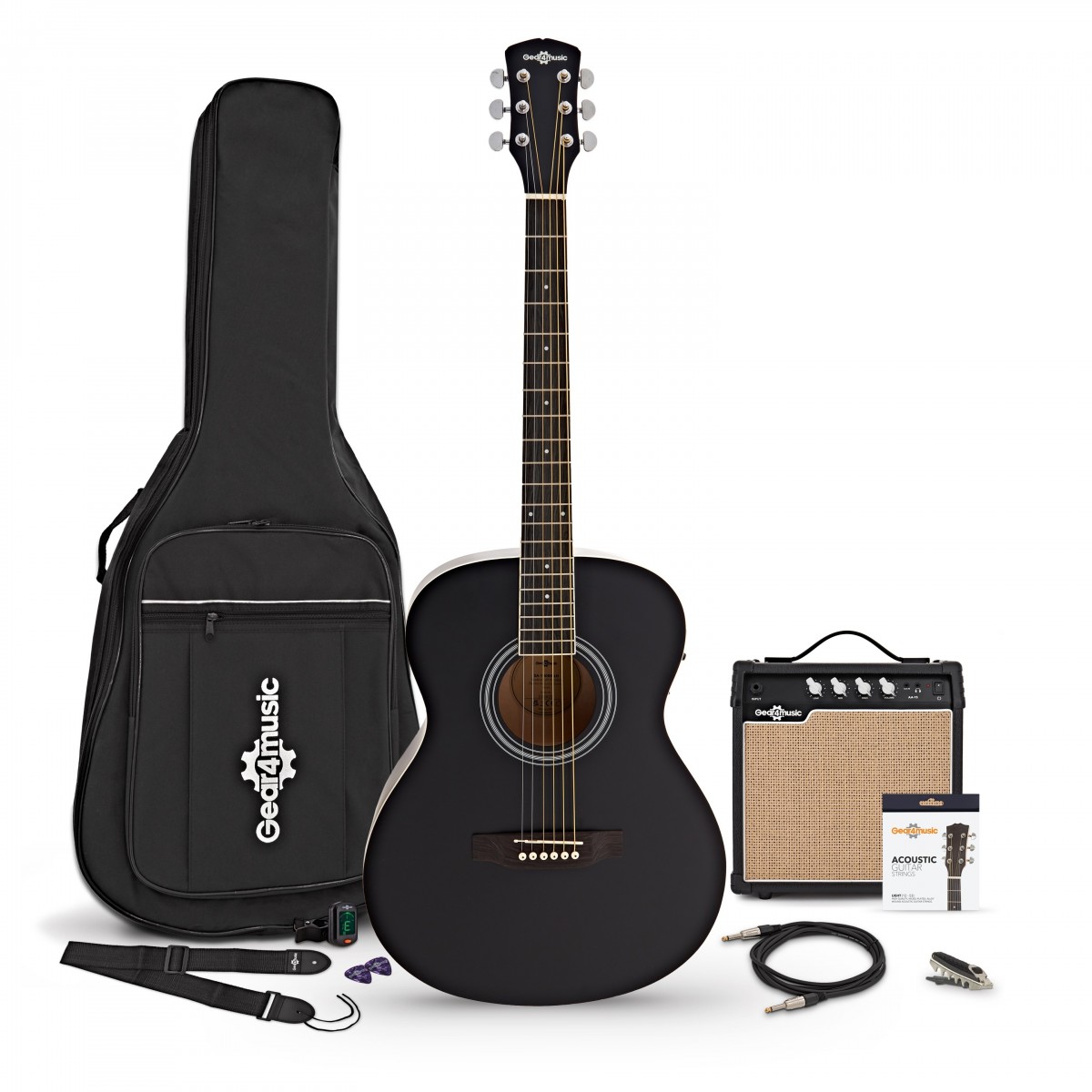 Student Elektroakustikgitarre Schwarz mit 15-Watt-Verstärker und Zubehörset