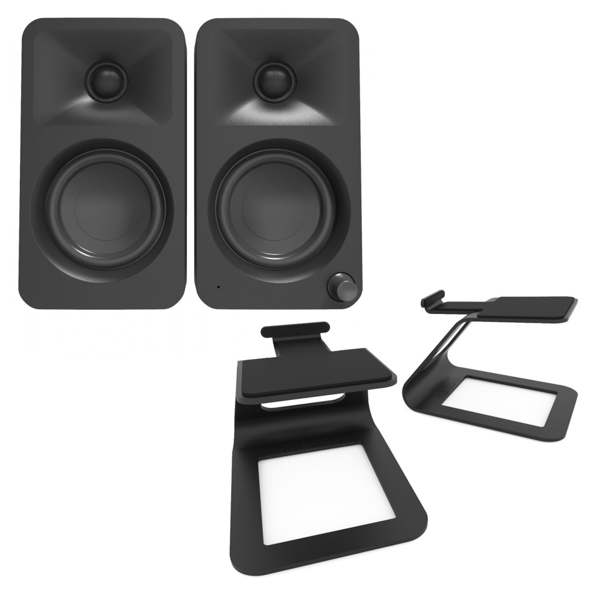 Kanto Ora Desktop-Lautsprecher mit SE2 Elevated Desktop Speaker Stands schwarz