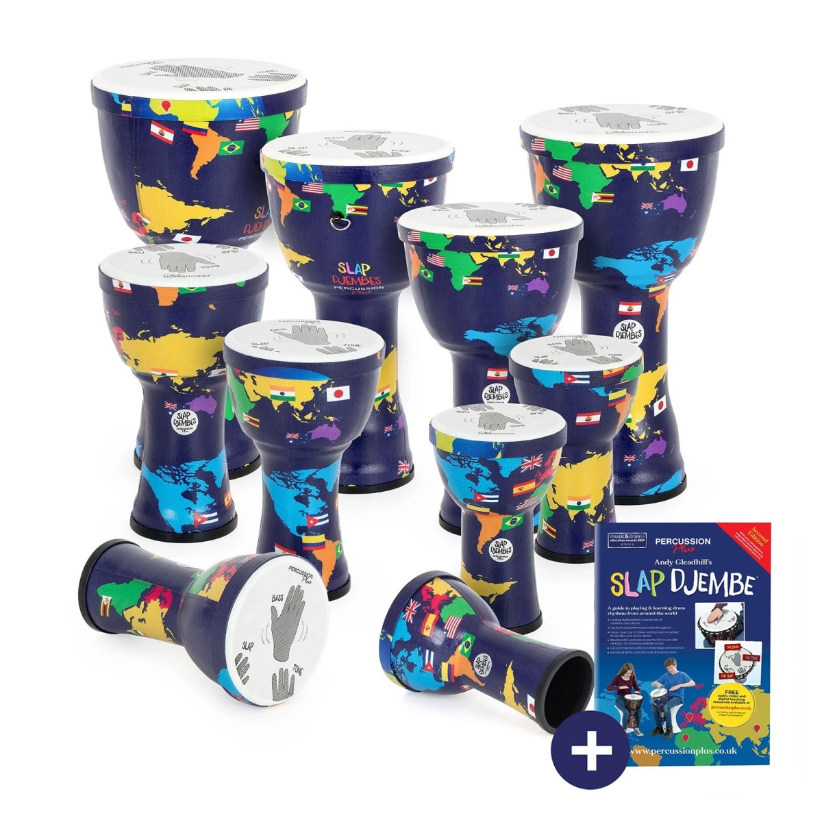 Perkussion Plus Slap Djemben Pack vorgestimmt 10er-Pack verschiedene Größen Weltkarte