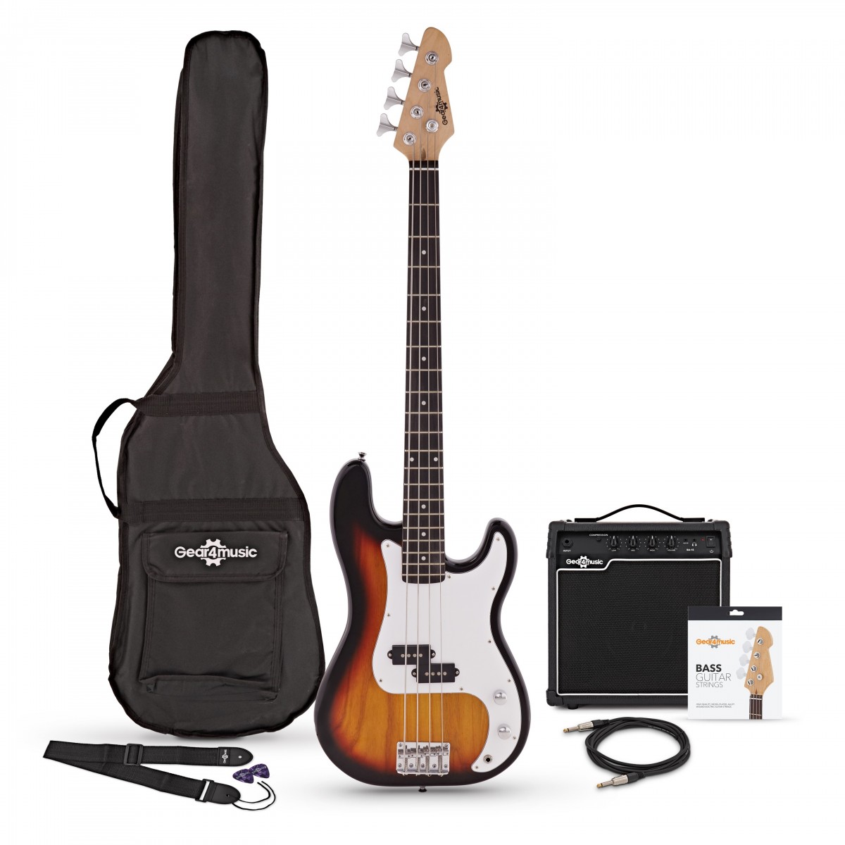 LA E-Bass Sunburst im Paket mit 15-Watt-Verstärker