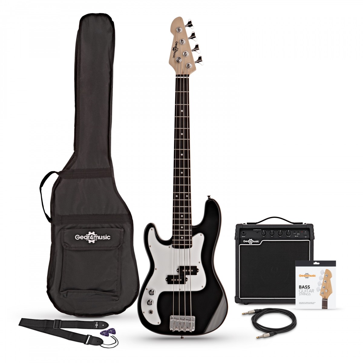3/4-LA-Linkshänder-Bassgitarre von Gear4music Schwarz im Paket mit 15-Watt-Verstärker