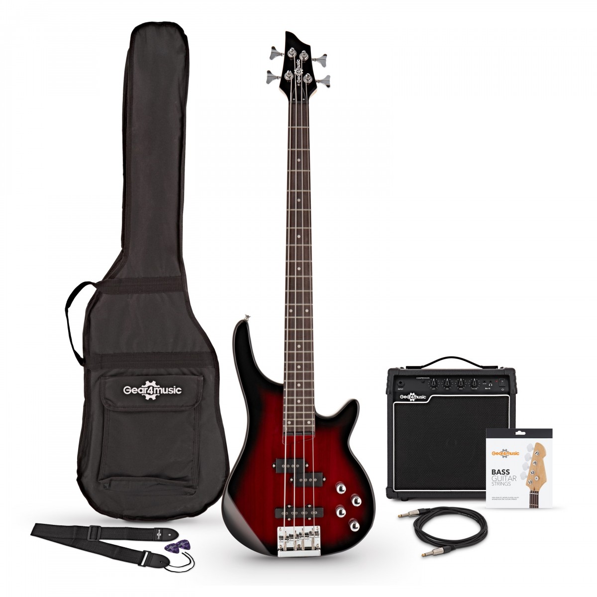 Chicago-E-Bass Trans Red Burst mit 15-Watt-Verstärker