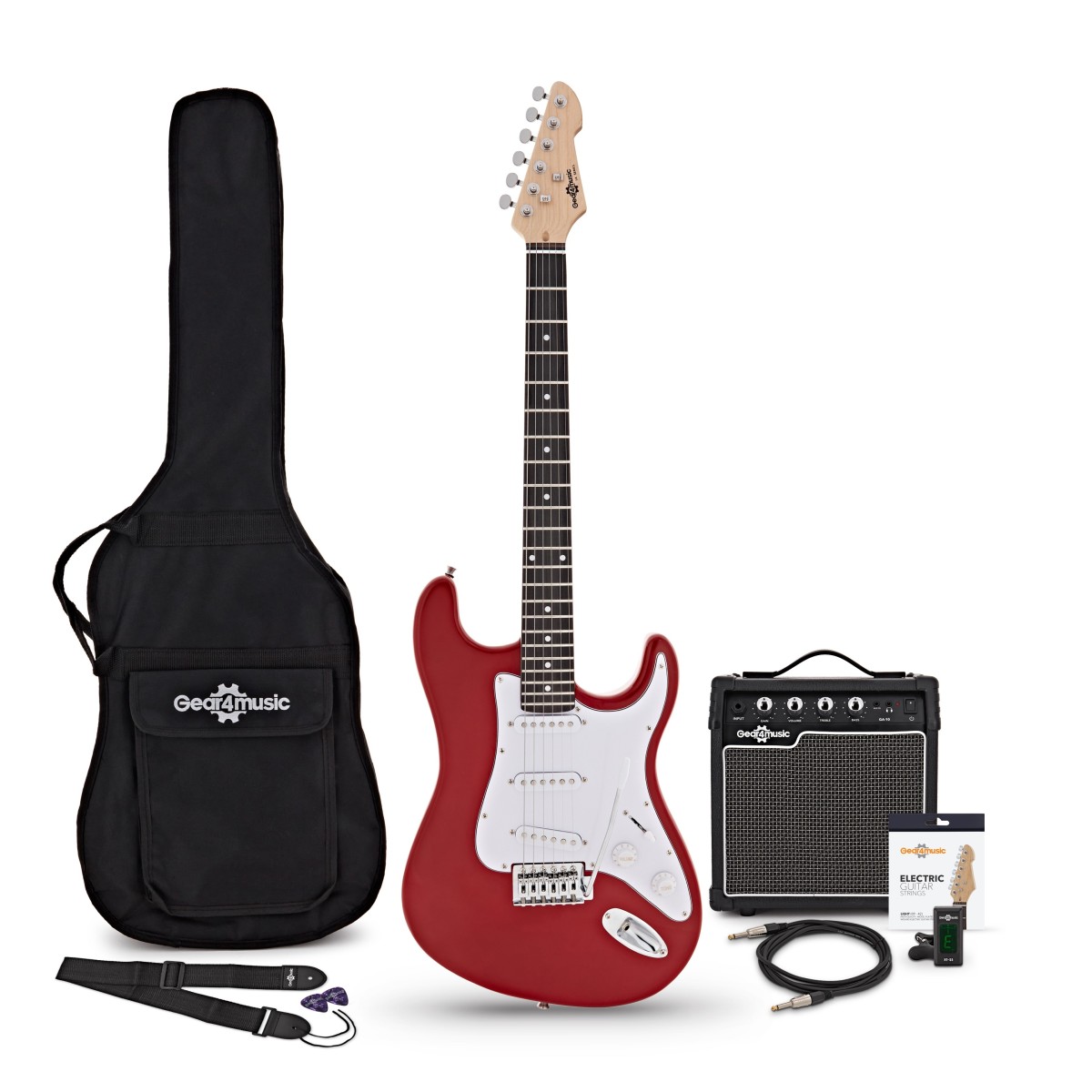 LA-E-Gitarre Rot im Bundle mit 10-Watt-Verstärker und Zubehör