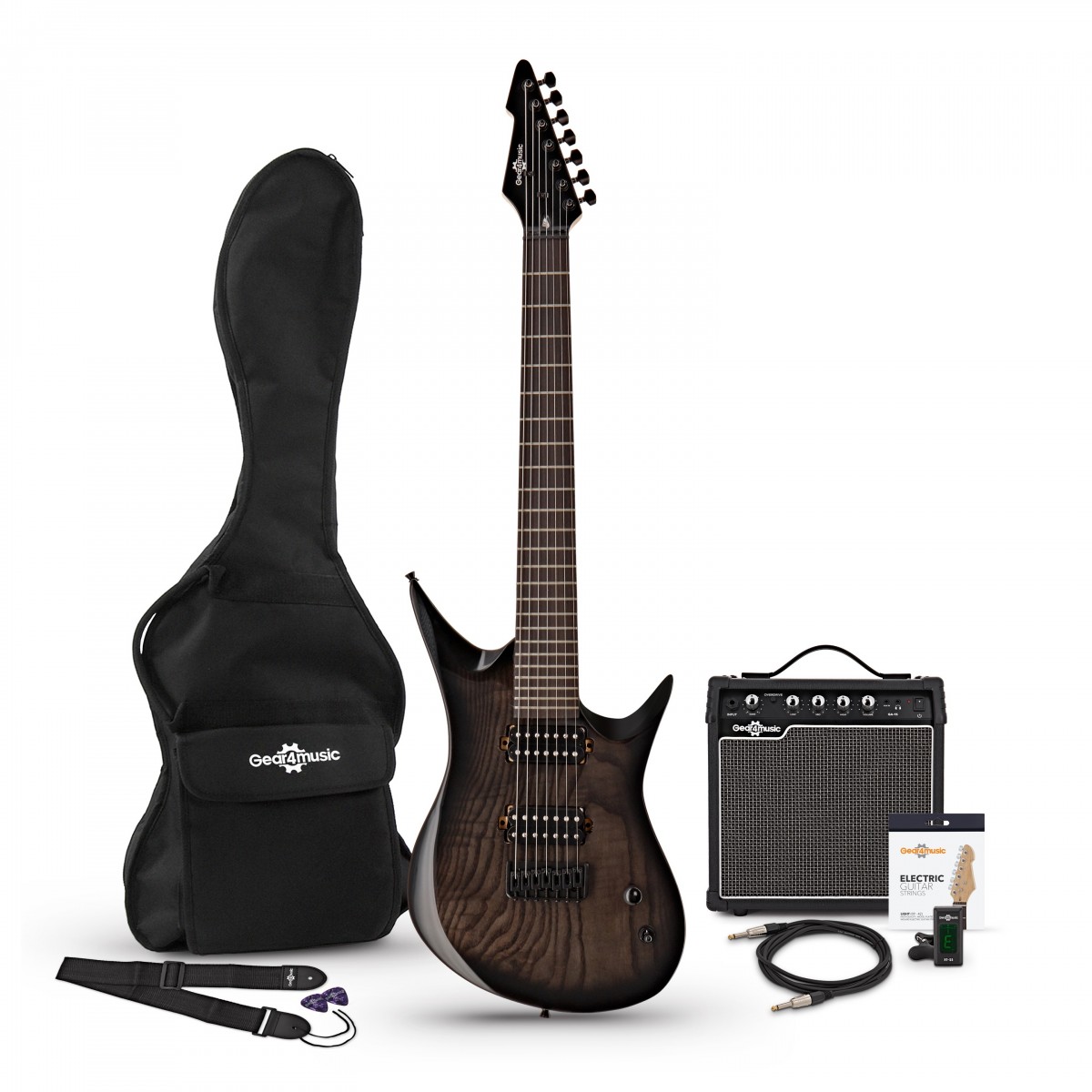 Harlem 7 E-Gitarre Trans Black im Paket mit 15-Watt-Verstärker
