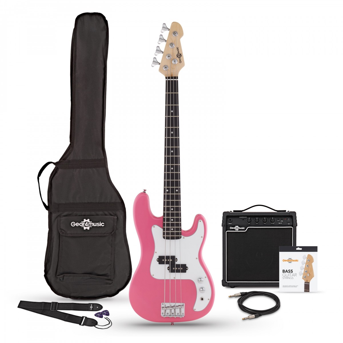 3/4 LA Bassgitarre Pink mit 15W-Verstärker und Zubehör