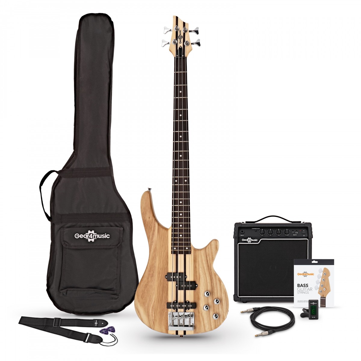 Chicago Neck-Thru-Bassgitarre von Gear4music Natural im Paket mit 15-Watt-Verstärker