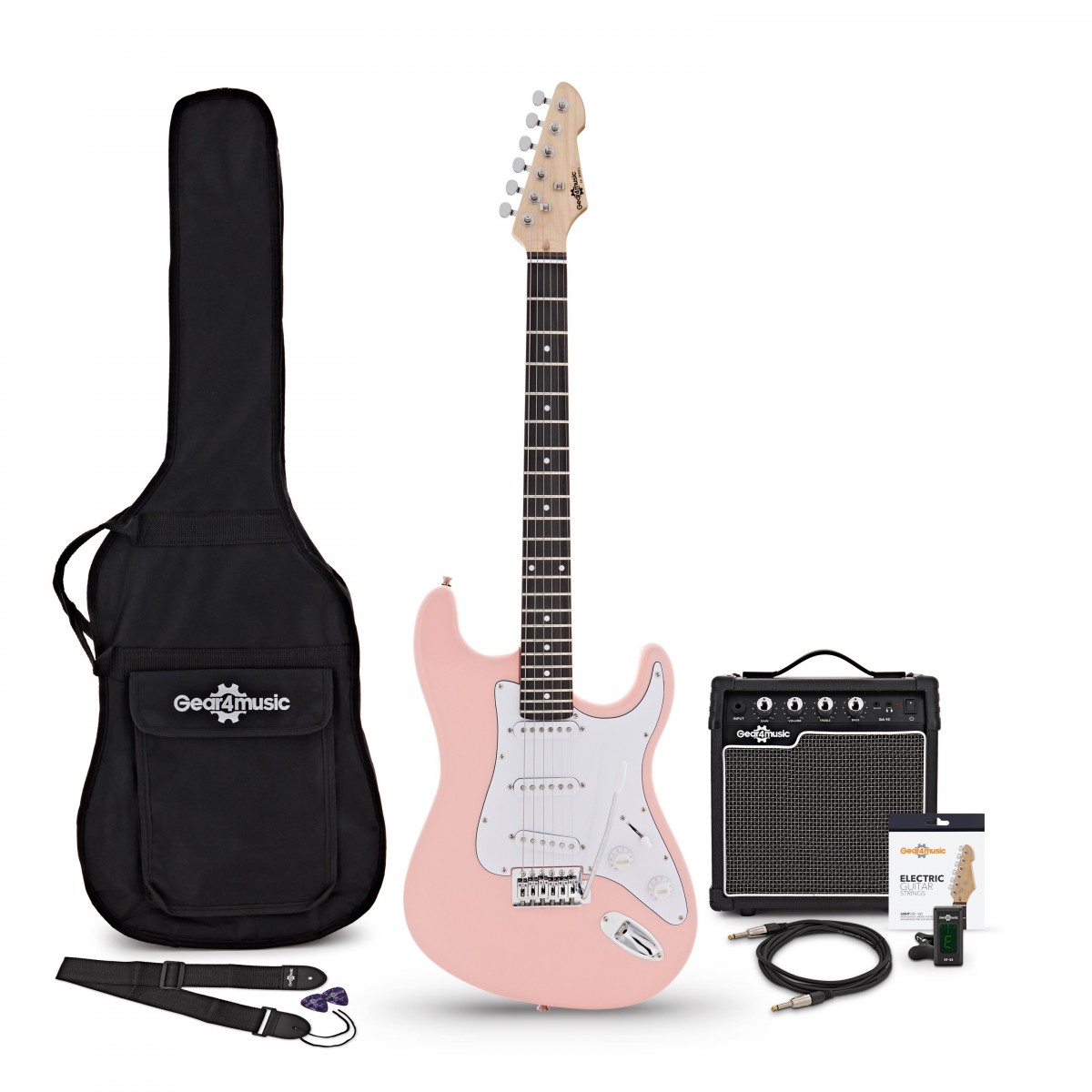 LA-E-Gitarre Rosa im Bundle mit 10-Watt-Verstärker und Zubehör
