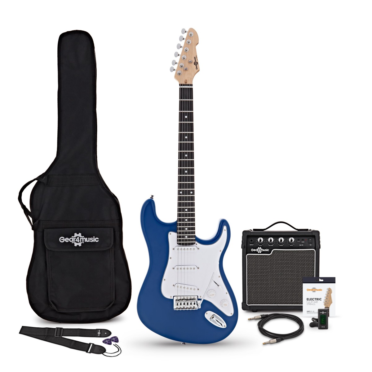 LA-E-Gitarre Blau im Bundle mit 10-Watt-Verstärker und Zubehör