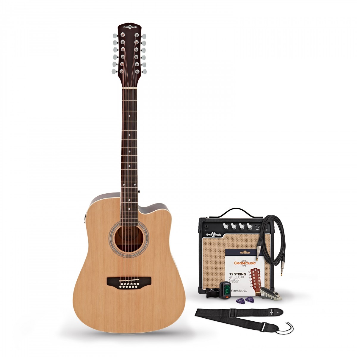Dreadnought-12-Saiter-Elektroakustikgitarre Natur mit 15-Watt-Verstärker und Zubehörset