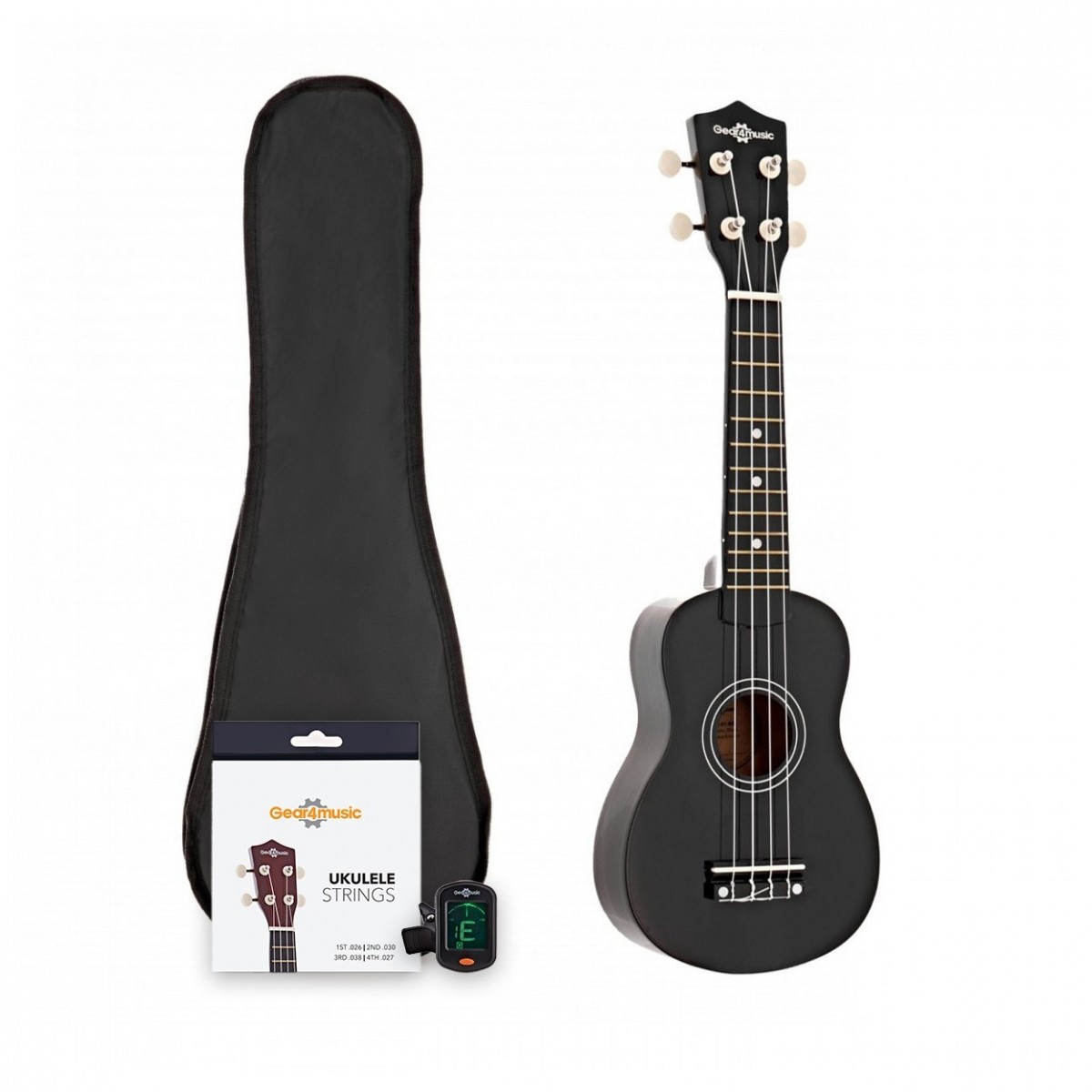 Ukulele von Gear4music schwarz mit Zubehörpaket