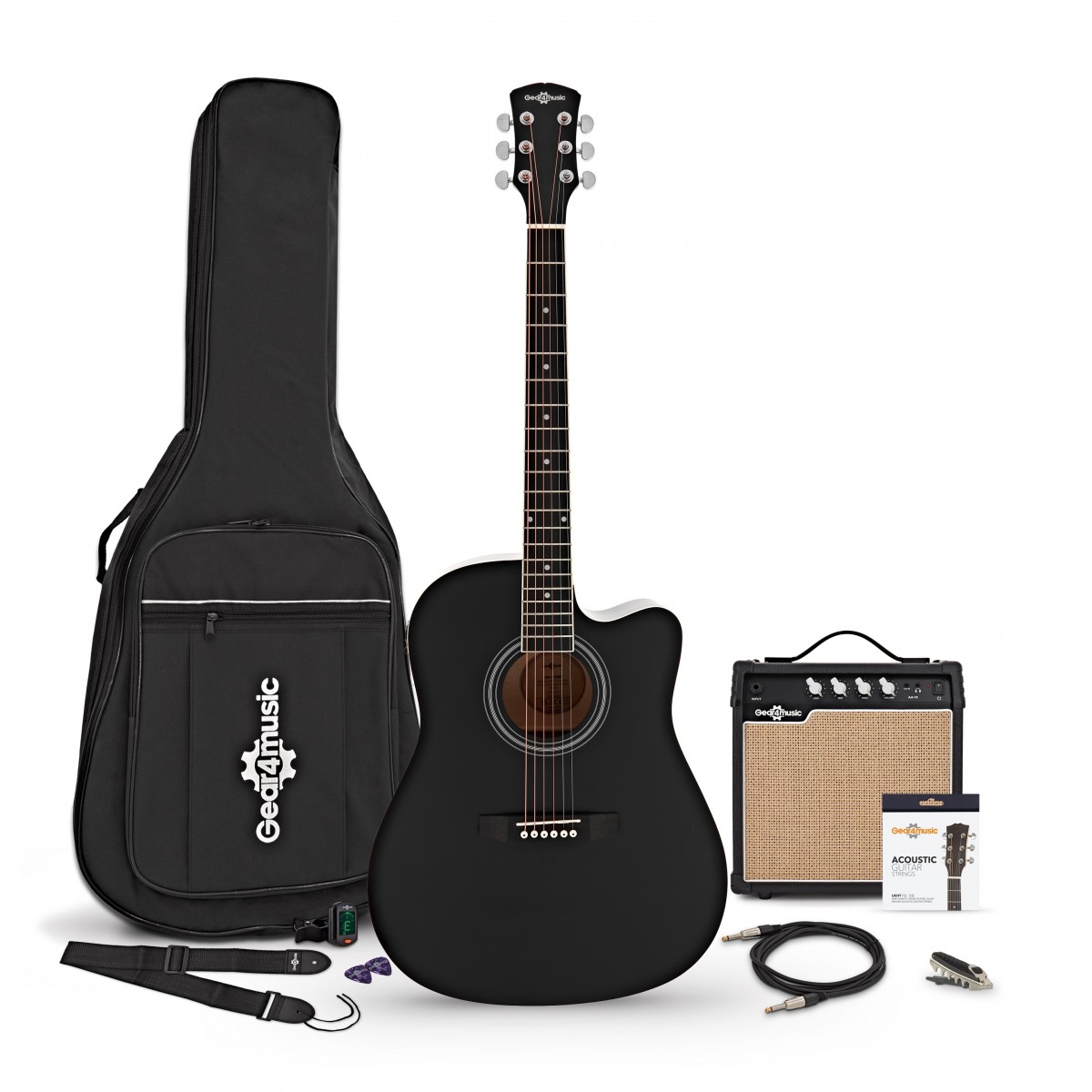 Dreadnought-Cutaway-Elektroakustikgitarre Schwarz mit 15-Watt-Verstärker und Zubehörset