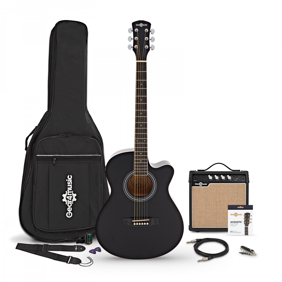 Single-Cutaway-Elektroakustikgitarre Schwarz mit 15-Watt-Verstärker und Zubehörset