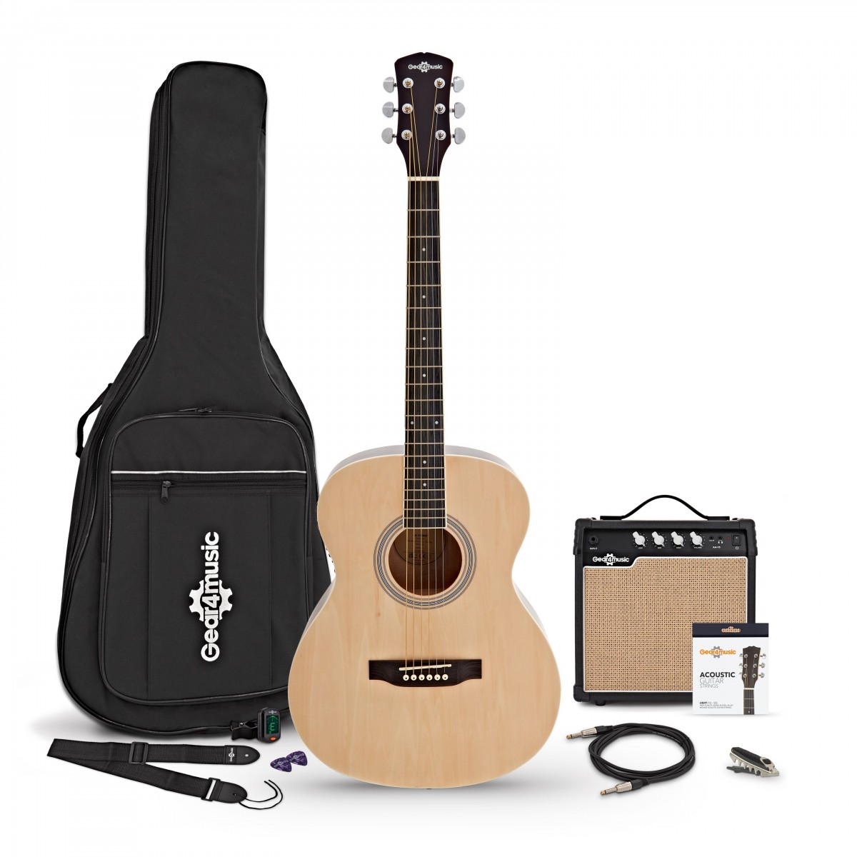 Student Elektroakustikgitarre Natur mit 15-Watt-Verstärker und Zubehörset
