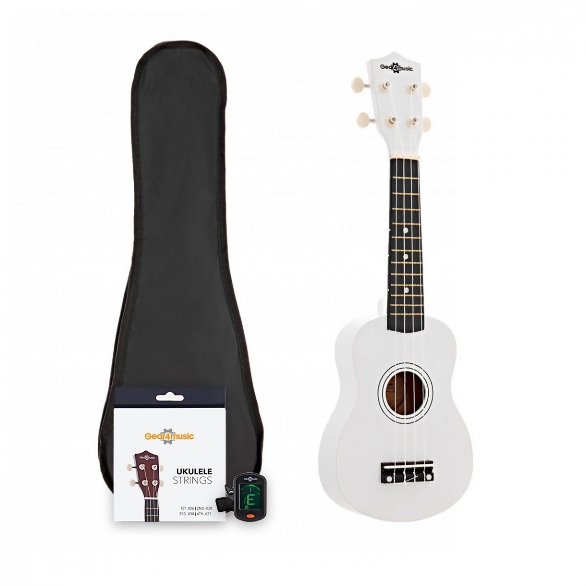 Ukulele von Gear4music weiß mit Zubehörpaket