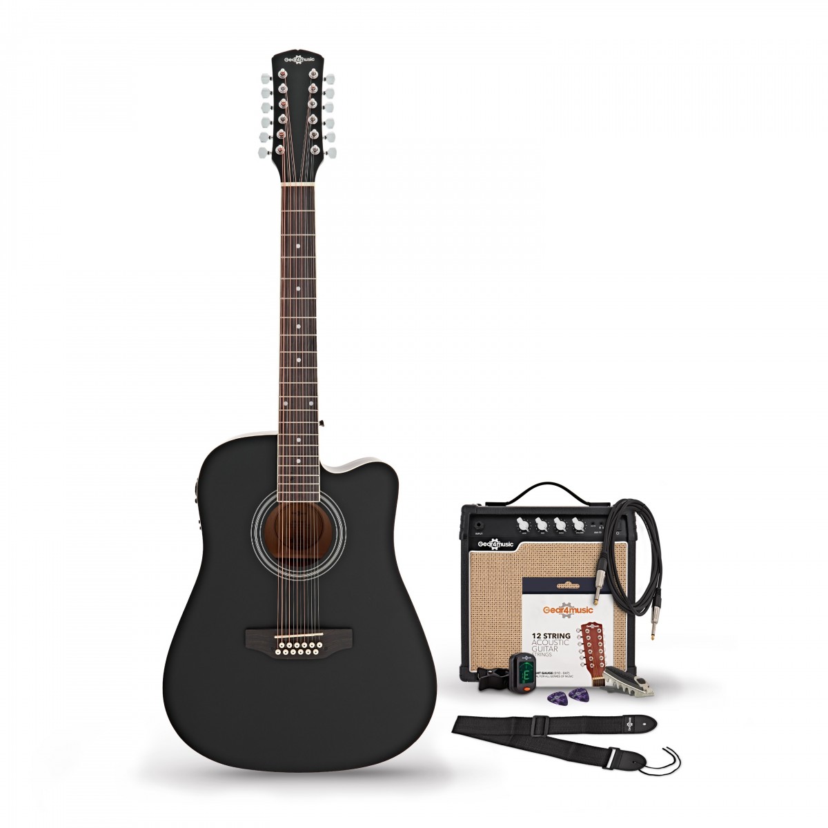 Dreadnought-12-Saiter-Elektroakustikgitarre Schwarz mit 15-Watt-Verstärker und Zubehörset