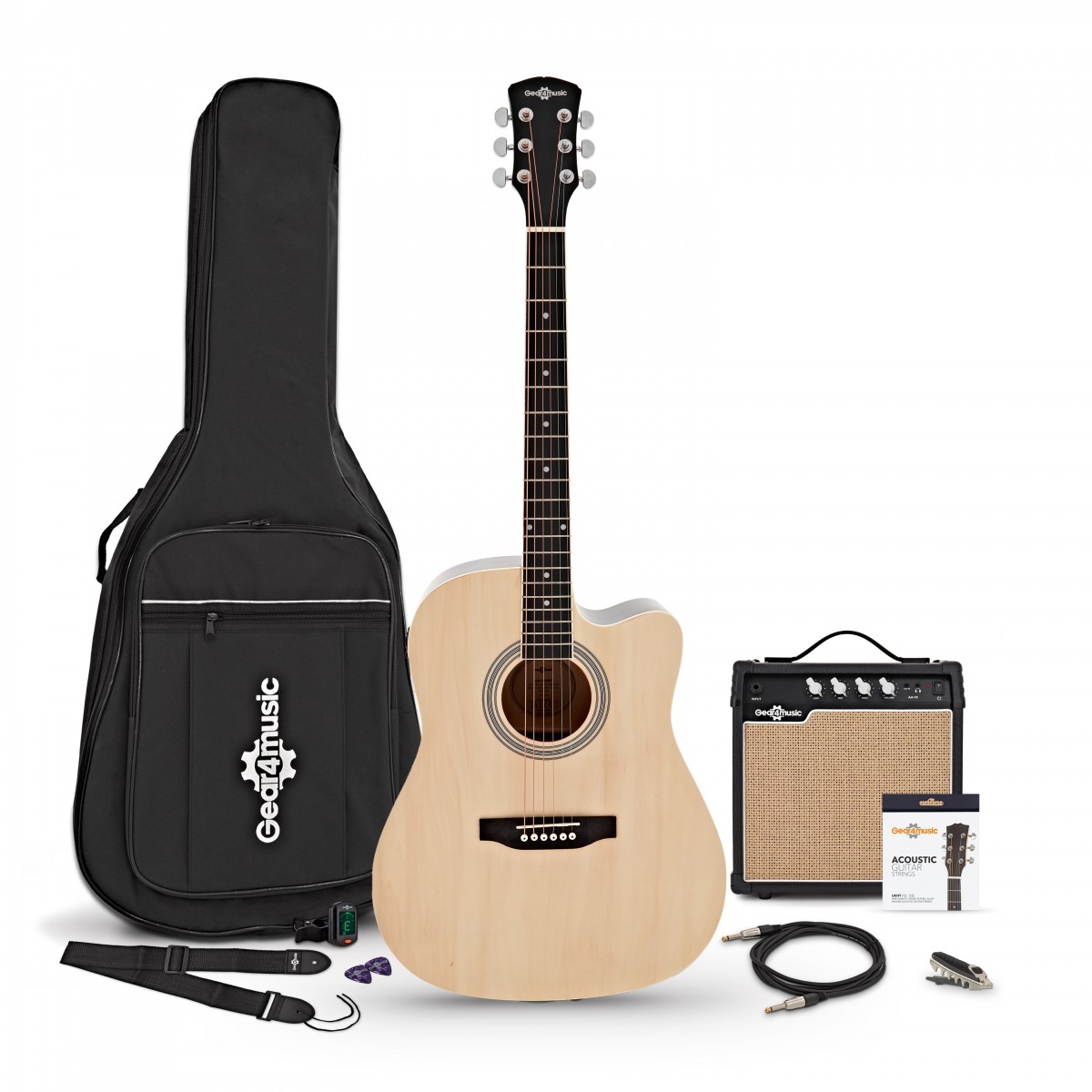 Dreadnought-Cutaway-Elektroakustikgitarre Natur mit 15-Watt-Verstärker und Zubehörset