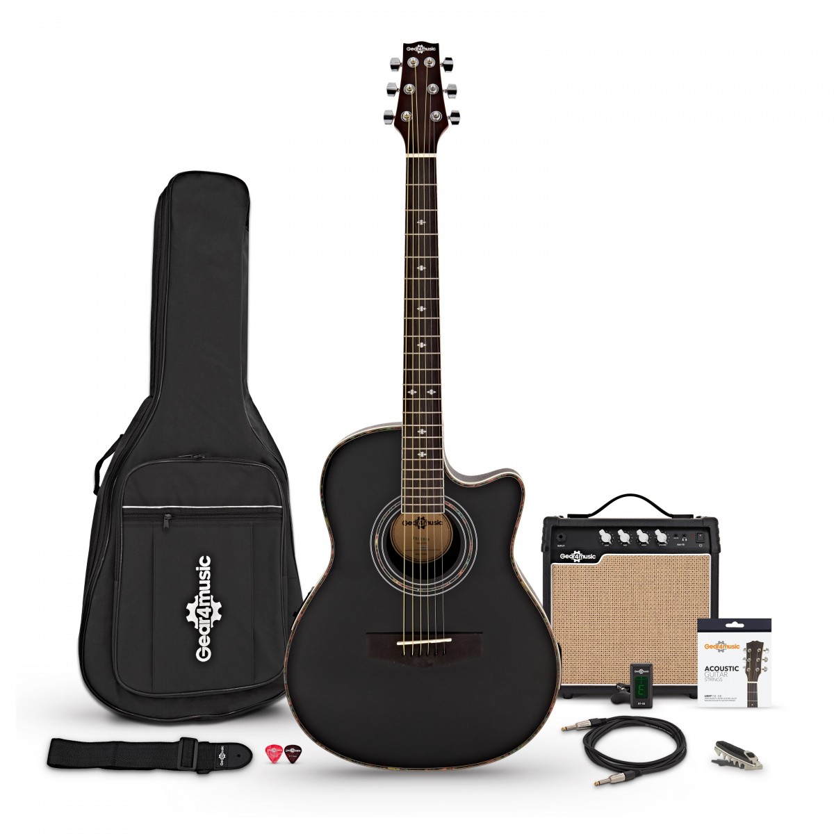Roundback-Elektroakustikgitarre Schwarz im Paket mit 15-Watt-Verstärker