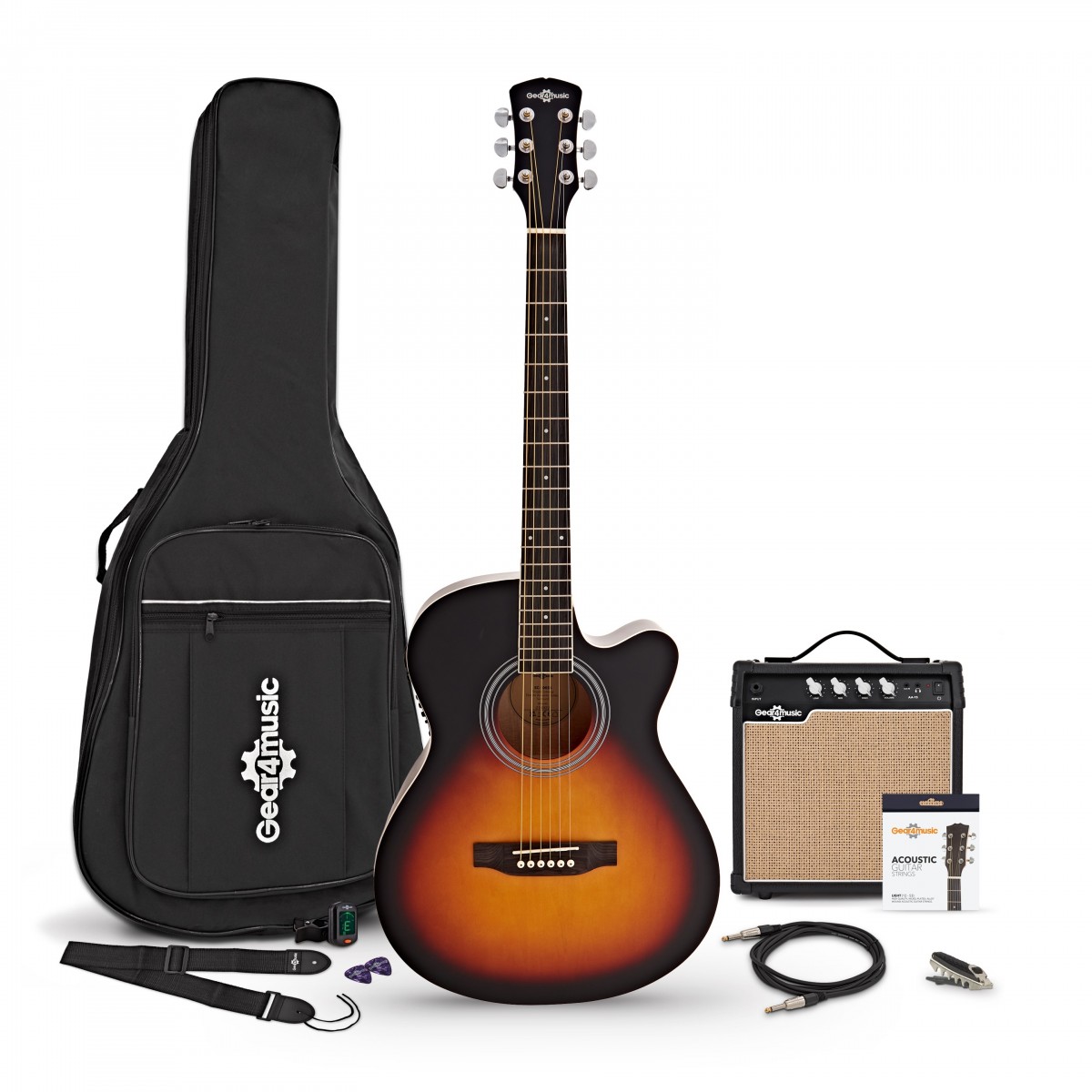 Single-Cutaway-Elektroakustikgitarre Sunburst mit 15-Watt-Verstärker und Zubehörset