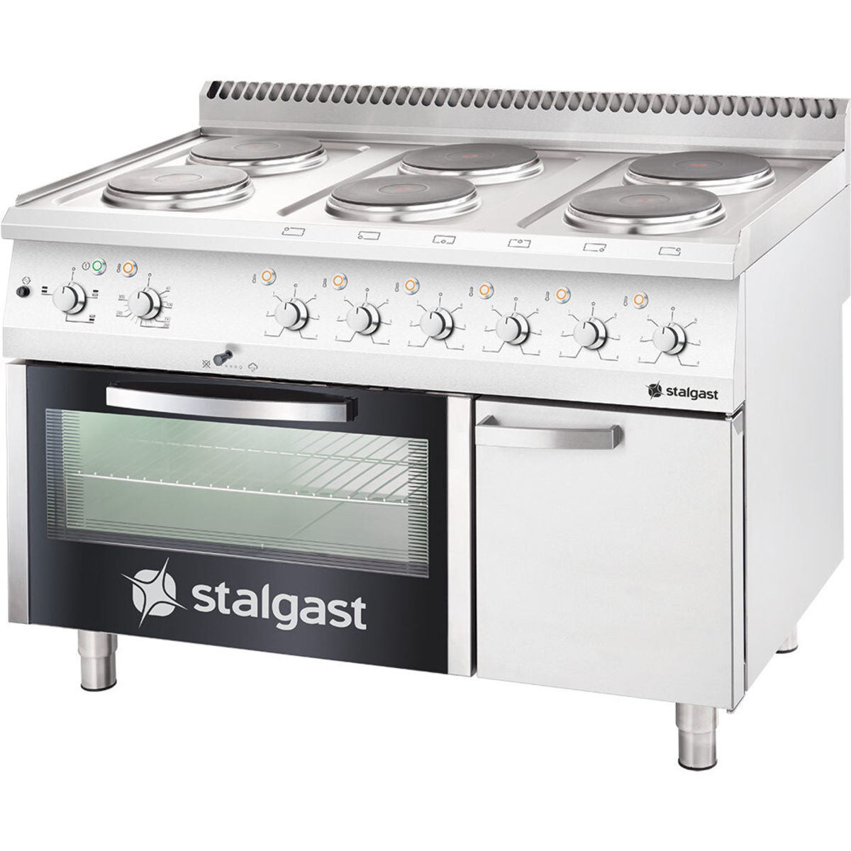 Stalgast Elektroherd mit Backofen (600 x 400 mm / GN 1/1) Serie 700 ND, 6-Platten (6x2,6); 120x70x85 cm (BxTxH); silber
