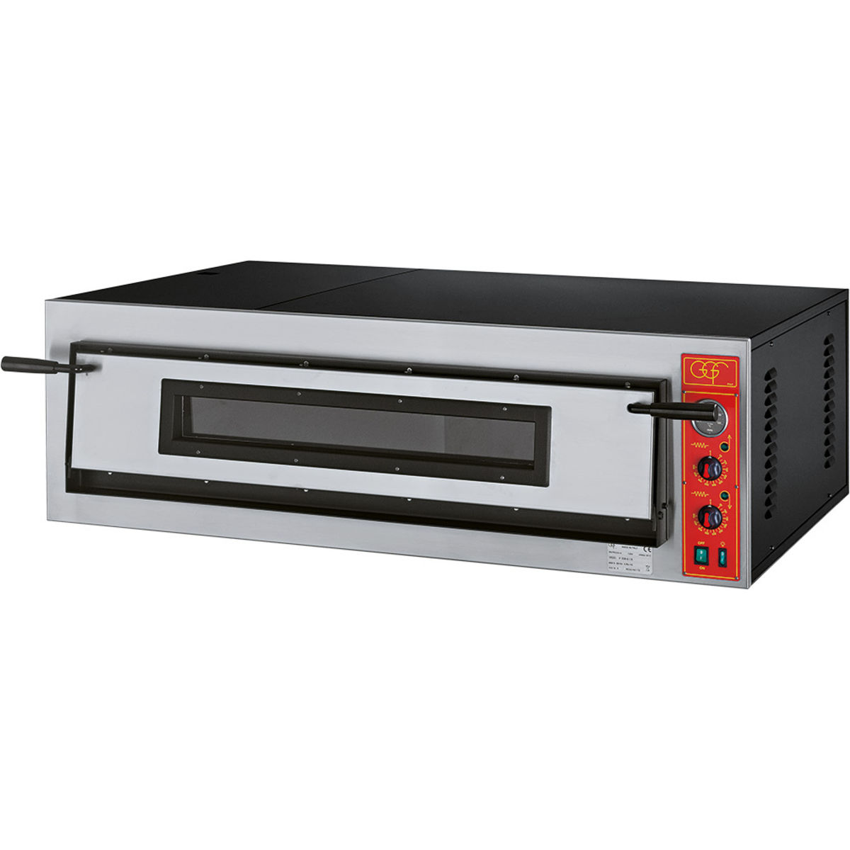GGF Pizzaofen mit einer Kammer für 6 Pizzen Ø 360 mm, Vollschamott, 9 kW; 137x85x42 cm (BxTxH); silber/schwarz