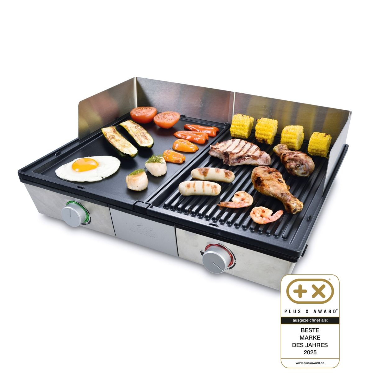 Solis Elektrogrill 2 Heizsystemen, spülmaschienenfeste Grillplatte, Fettablauf; 11.3x49.5x40.5 cm (BxTxH); edelstahl