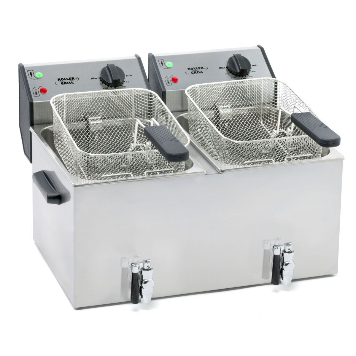 Roller Grill Fritteuse mit zwei Becken, mit Ablasshahn, 2 x 8 Liter; 16 l, 59x45x37 cm (BxTxH); silber