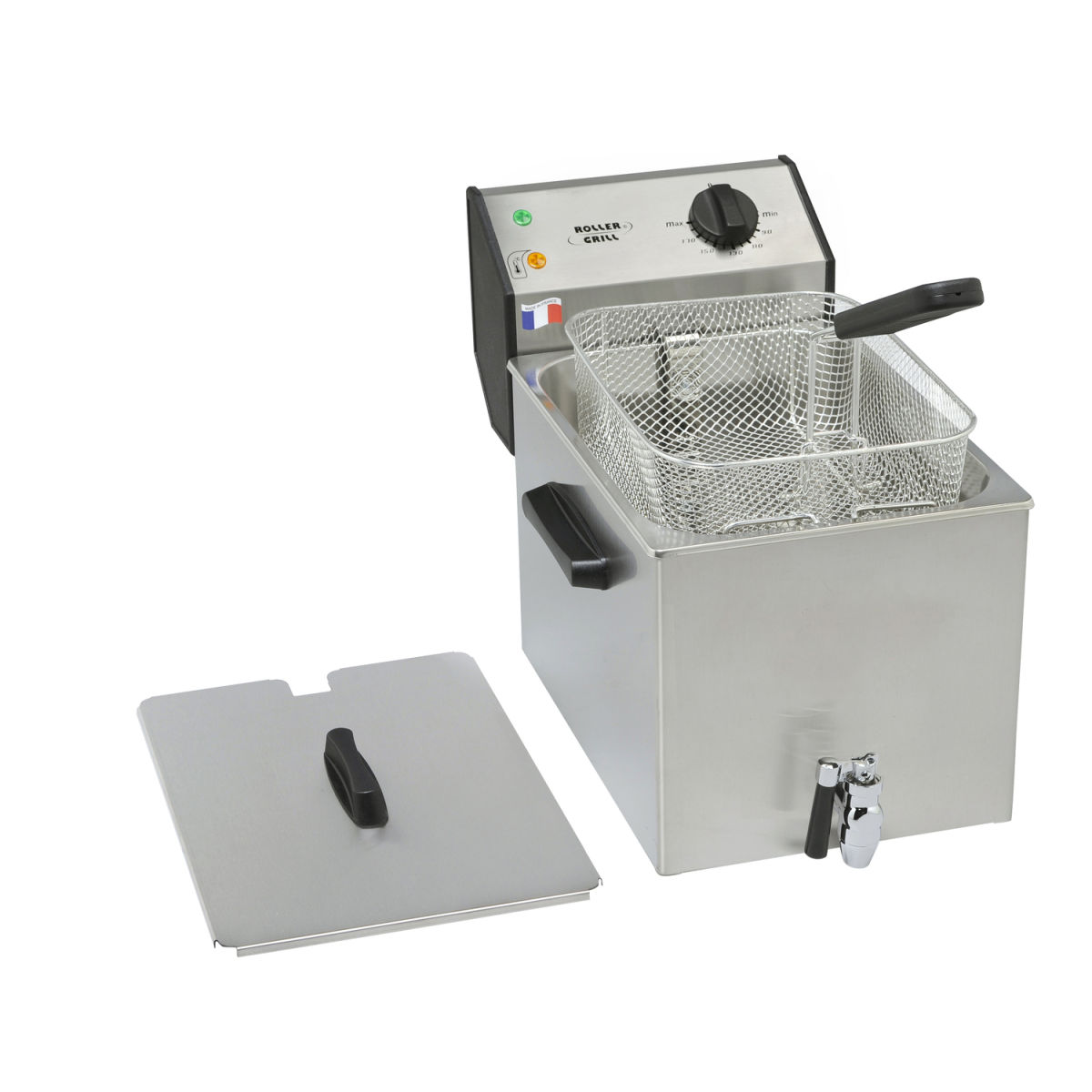Roller Grill Fritteuse mit Ablasshahn, mit Ablasshahn, 8 Liter; 8 l, 26.5x45x36 cm (BxTxH); silber