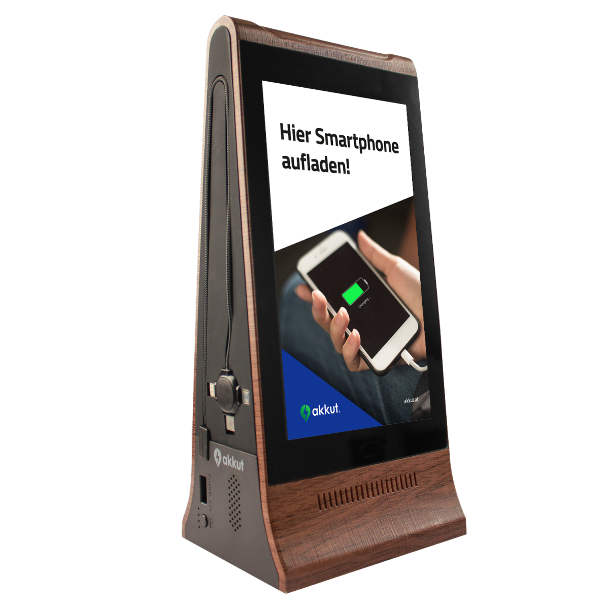 akkut Digitaler Tischaufsteller DOUBLESCREEN PEAK mit Akku und Handy-Ladekabel; 9x11x24.5 cm (LxBxH); braun