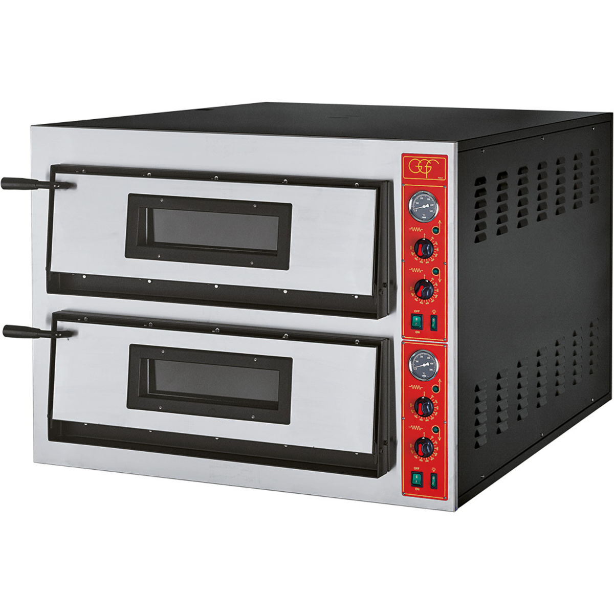 GGF Pizzaofen mit zwei Kammern für 12 Pizzen Ø 360 mm, Vollschamott, 18 kW; 101x121x75 cm (BxTxH); silber/schwarz