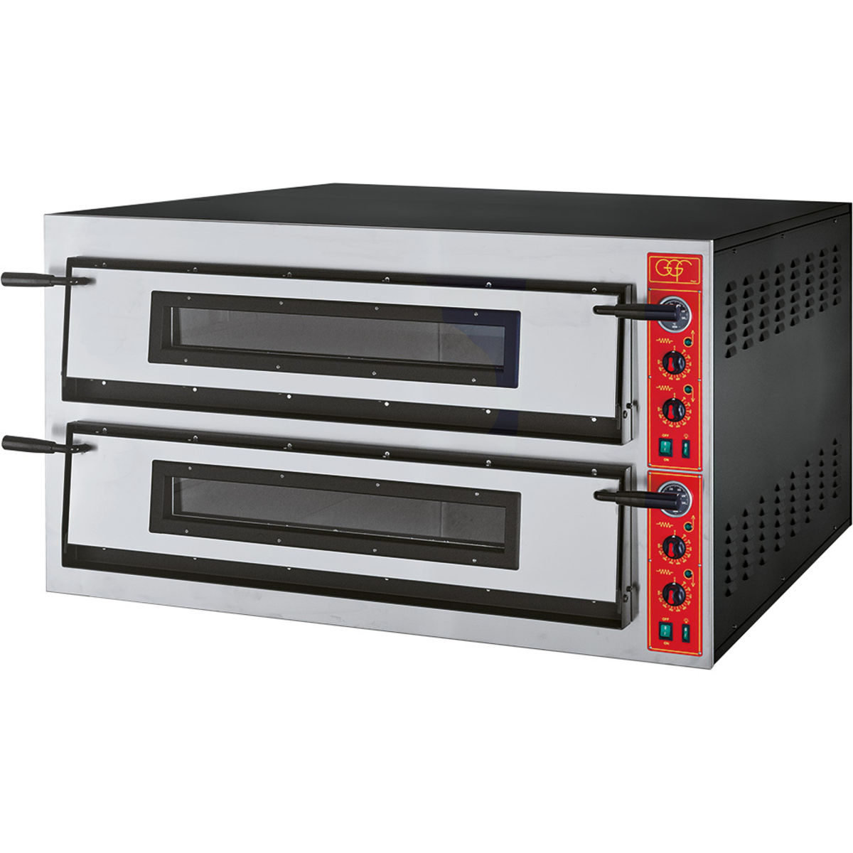 GGF Pizzaofen mit zwei Kammern für 18 Pizzen Ø 360 mm, 26,4 kW; 137x120x75 cm (BxTxH); silber/schwarz