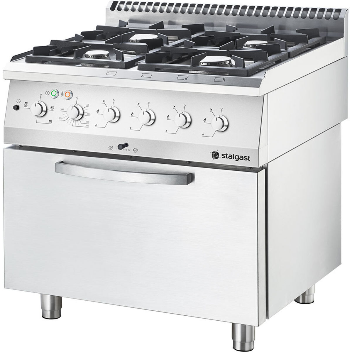 Stalgast Edelstahl Gasherd Basic mit 4 Brennern (4x3,5 kW) und Elektro-Umluft-Backofen GN 2/1, Serie 700 ND; 80x70x85 cm (BxTxH); silber