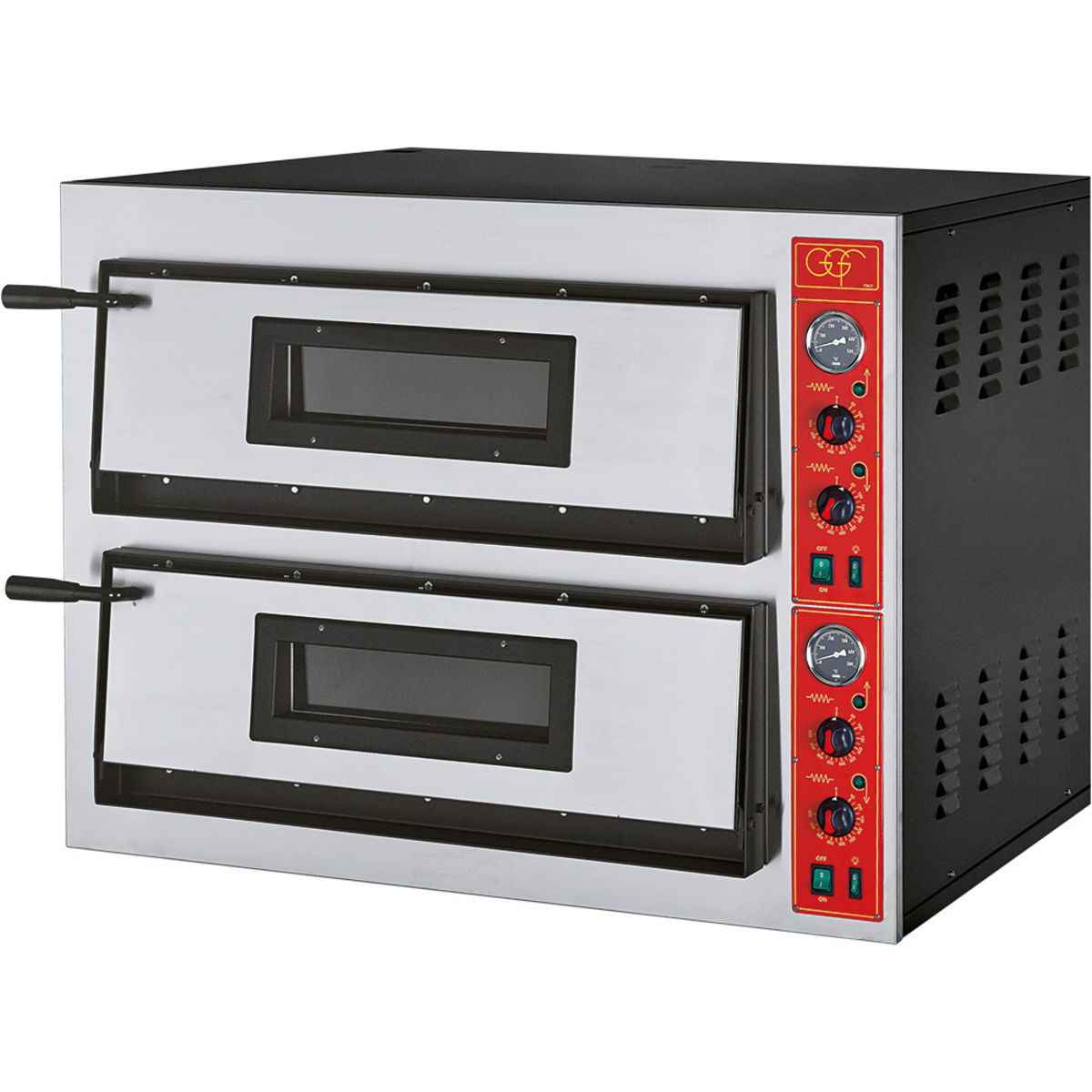 GGF Pizzaofen mit zwei Kammern für 8 Pizzen Ø 360 mm, Vollschamott, 12 kW; 101x85x75 cm (BxTxH); silber/schwarz