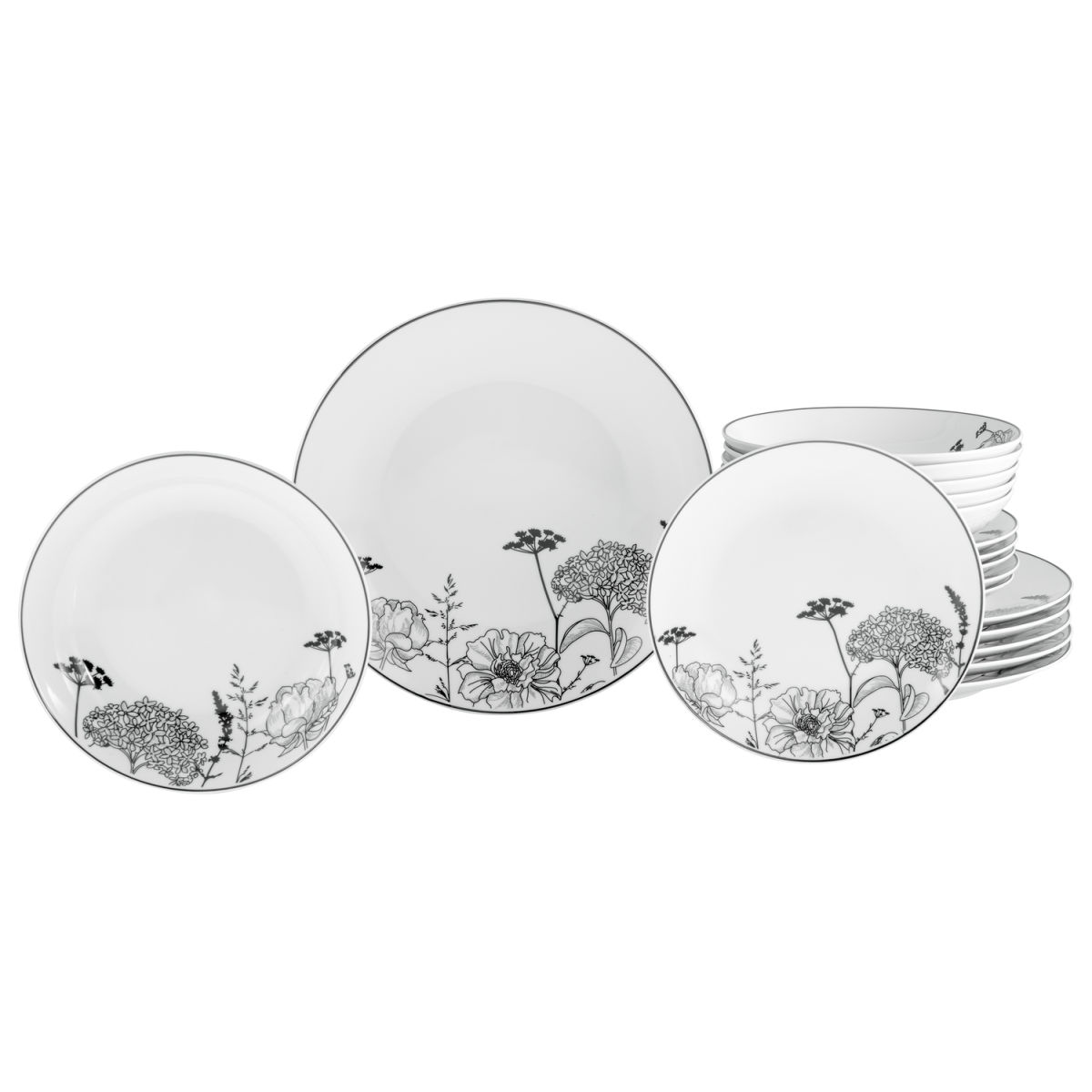 CreaTable Luna Black Flower - Tellerset 18-tlg; schwarz/weiß
