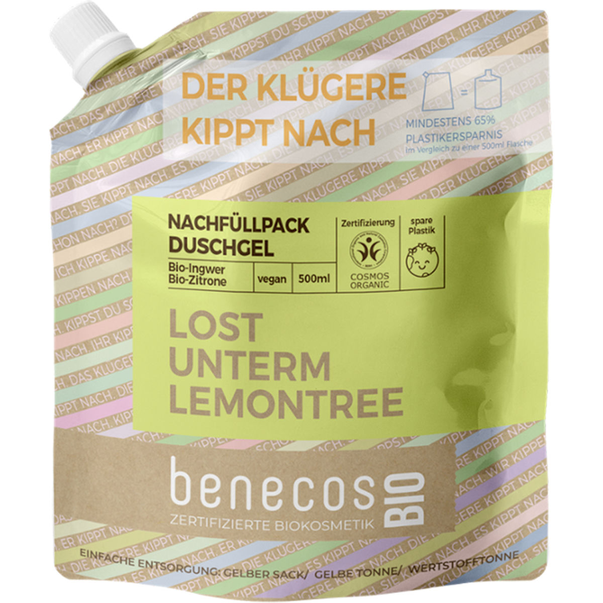 benecos Bio-Duschgel-Nachfüllbeutel mit Bio-Ingwer und Bio-Zitrone, 500 ml; 1 ml, 500 ml; braun