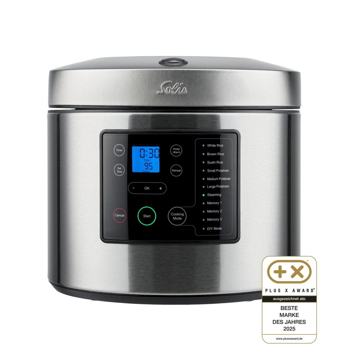 Solis Reiskocher und Dampfgarer 3D Heizsystem, 5L Volumen, Timer, Display; 30x25x30 cm (LxBxH); edelstahl
