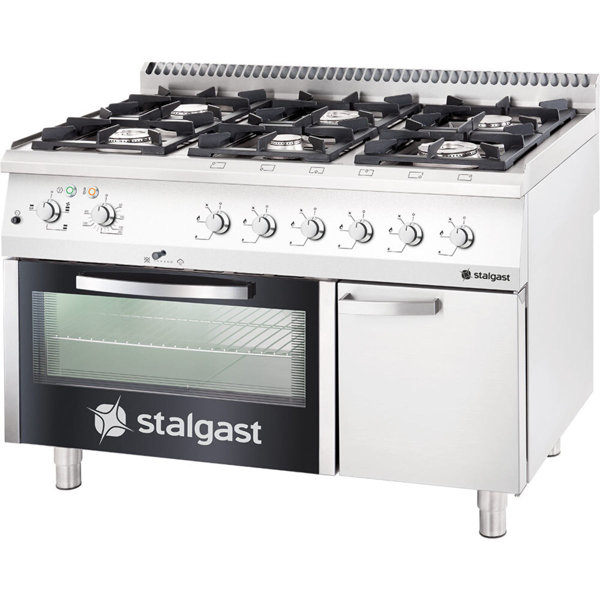 Stalgast Gasherd 6 Brenner mit Elektro-Heißluftofen (600 x 400 mm / GN 1/1) Serie 700 ND - G20, 6-Brenner (3,5+3x5+2x7); 120x70x85 cm (BxTxH); silber