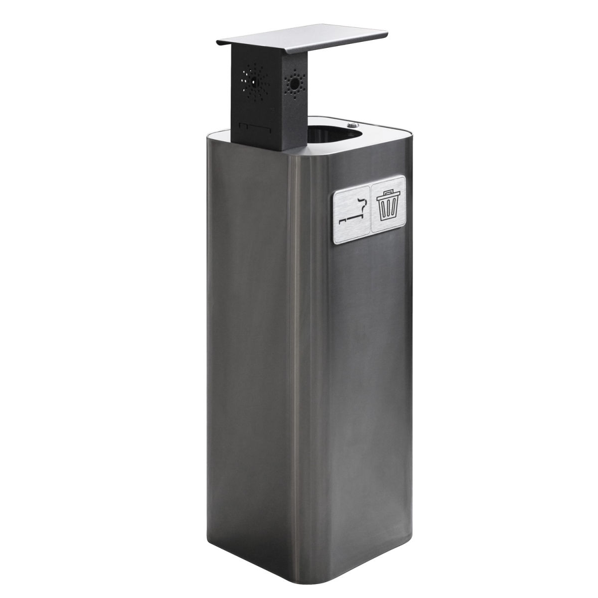 STIL CASA Stil Casa Abfallbehälter mit Aschenbecher, Edelstahl, Deckel, Alu-Piktogramm, poliert.; 60 l, 31.2x31.2x87.5 cm (LxBxH); edelstahl; rechteckig