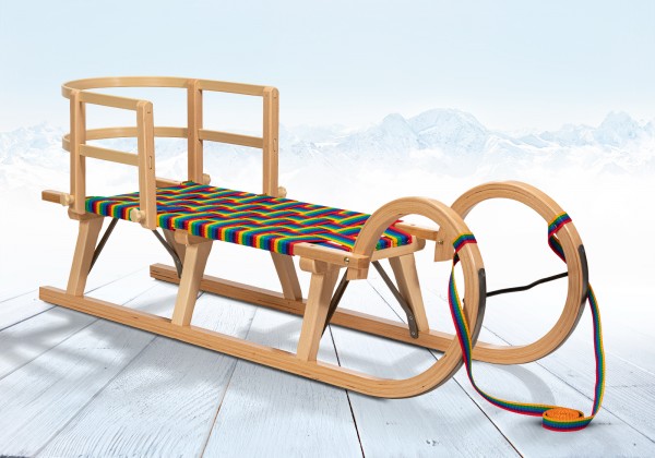 Rodelberg® Hörner-Schlitten Gurtsitz Bunt 95 cm, Zuggurt, Lehne