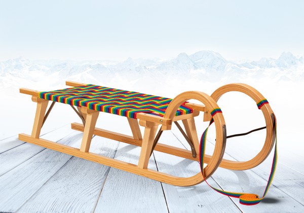 Rodelberg® Hörner-Schlitten Gurtsitz Bunt 105 cm, Zuggurt Bunt