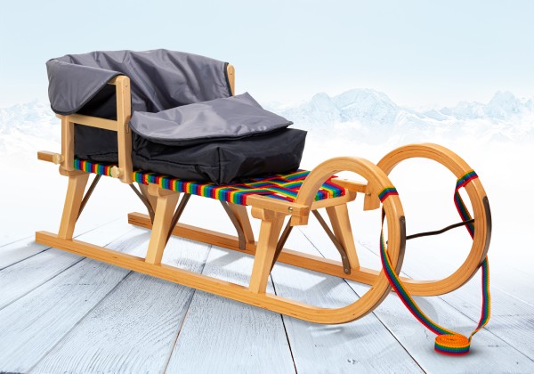 Rodelberg® Hörner-Schlitten Gurtsitz Rainbow 105 cm, Zuggurt, Lehne...