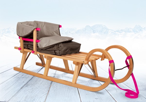 Rodelberg® Hörner-Schlitten Holz 125 cm, Zuggurt, Lehne, Fußsack Grau