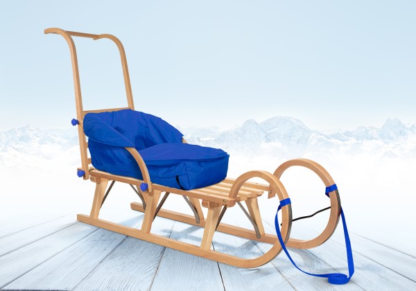 Rodelberg® Hörner-Schlitten Holz 105 cm, Zuggurt, Schieb-Lehne, Fuß...